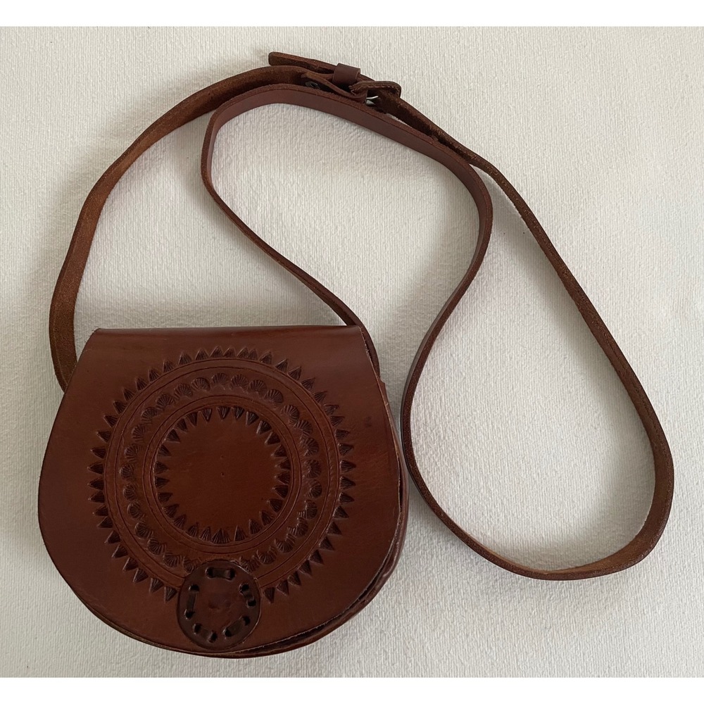 Vintage Hand Tooled Embossed Sunburst Leather Crossbody Saddle Bag Brown Western